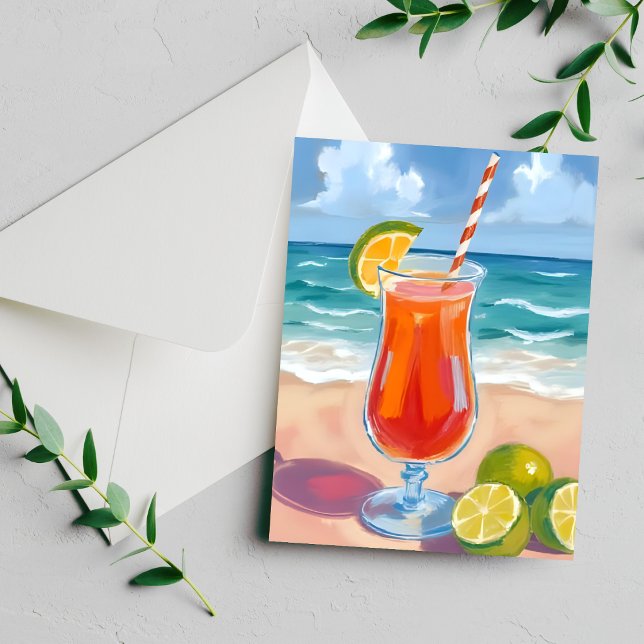 Strandcocktail Havsvågor Vattenfärg Målad Kort (Skapare uppladdad)