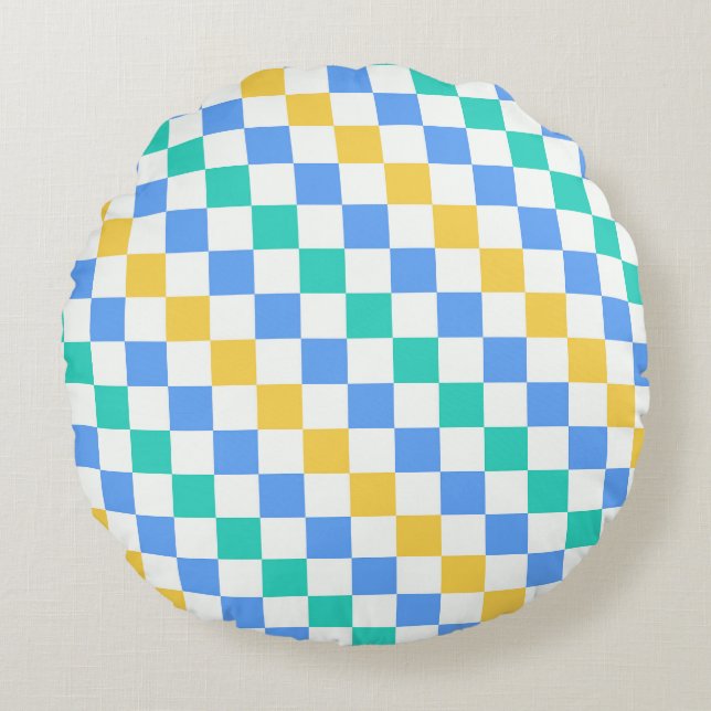 Stranddag diagonalt schackbrädemönster rund kudde (Framsidan)