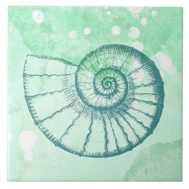 Stranddekor Spiral Snigelskal Blå Akvarell Kakelplatta (Framsidan)
