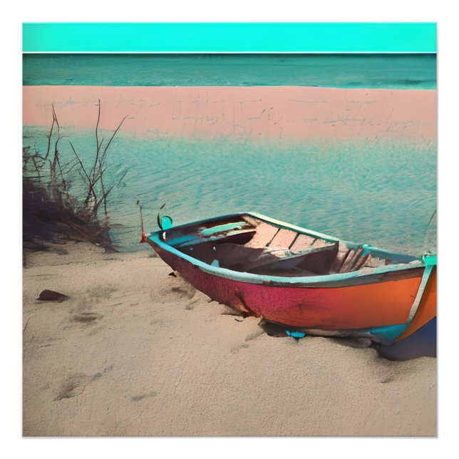 Stranded Boat på en Sandy Beach | AI Generated Art Fototryck (Framsidan)