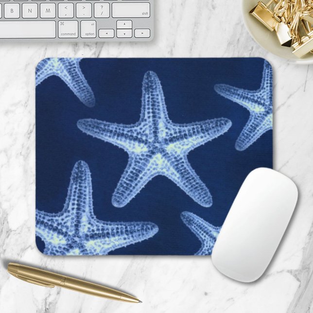 stranden vid kustnära chic, havsblåstjärtfenad hav musmatta (coastal chic beach rustic nautical blue starfish mouse pad)