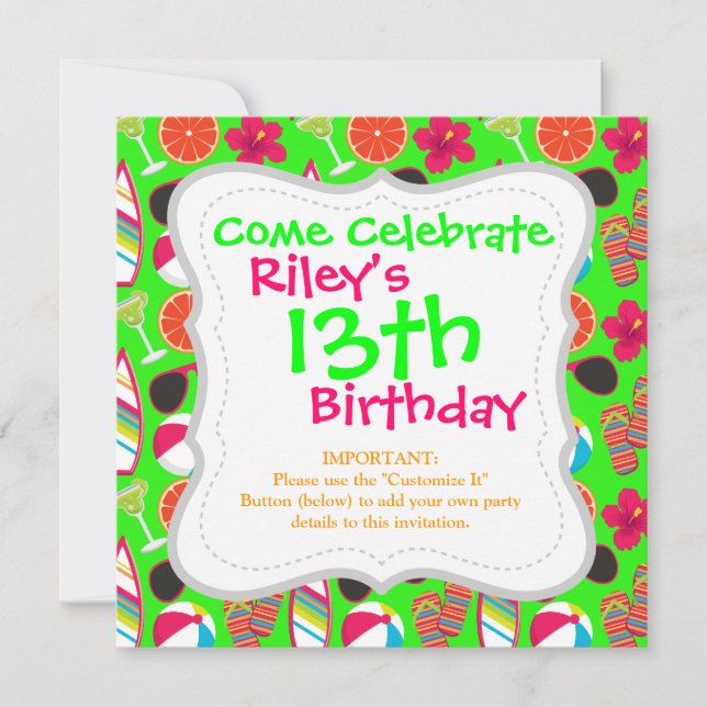 Strandfest Flip Flops Solglasögon Strandboll Grön Inbjudningar (Framsida)