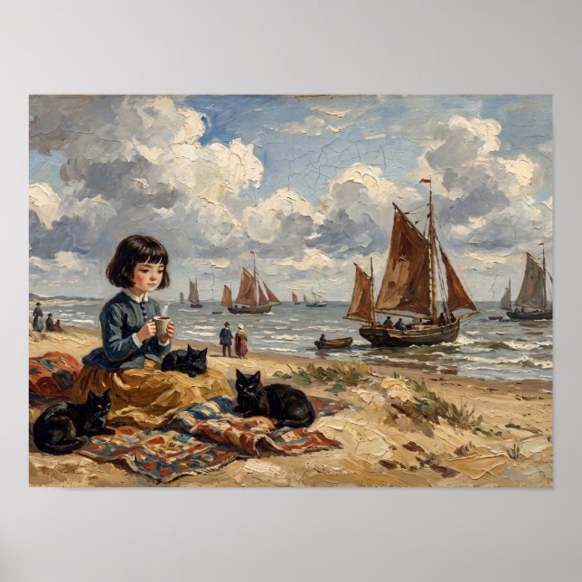 Strandflicka med svarta katter målning poster (Framsidan)