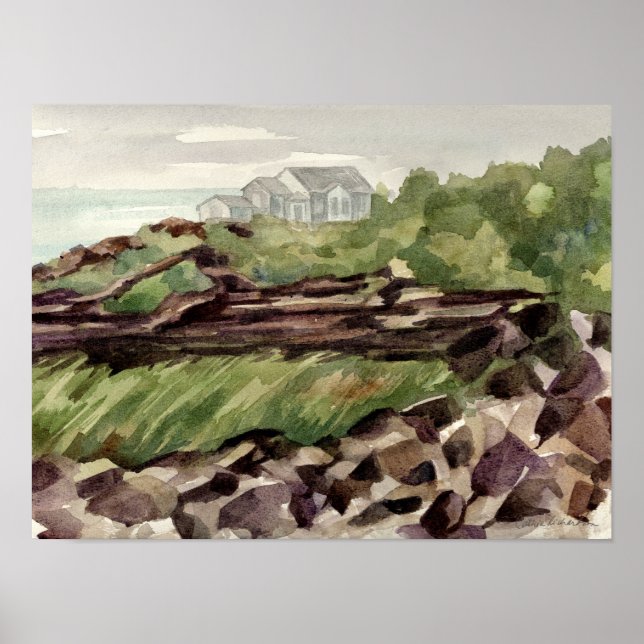 Strandhus Maine Robust kustlinje Klippor Poster (Framsidan)