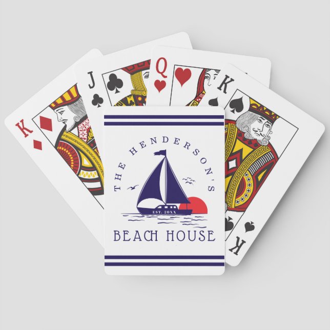 Strandhus Nautilus båt Solnedgång marinblå Casinokort (Baksidan)