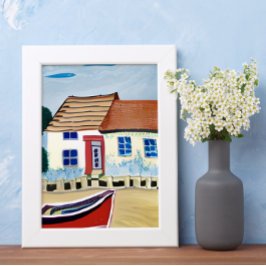 Strandhus och båt på sandstrand poster