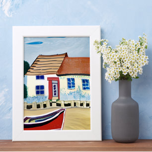 Strandhus och båt på sandstrand poster