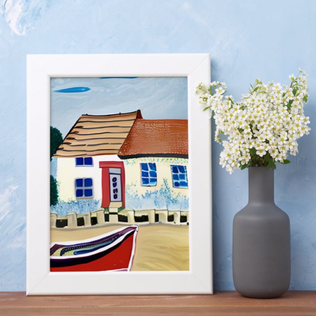 Strandhus och båt på sandstrand poster (Skapare uppladdad)