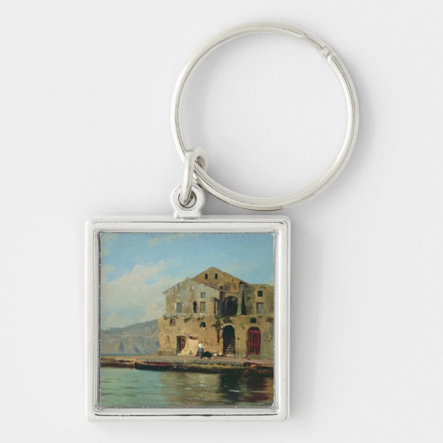 Strandhus på Sorrento Fyrkantig Silverfärgad Nyckelring (Framsidan)