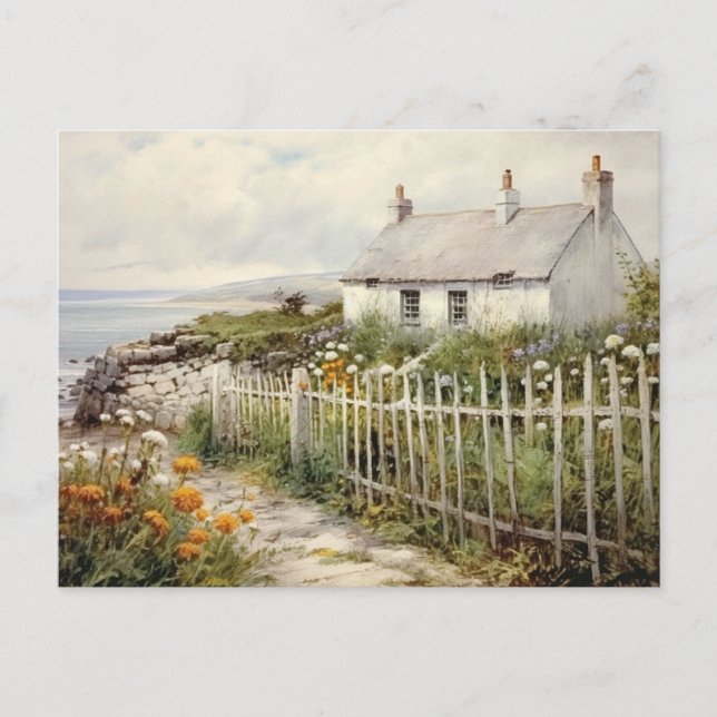 Strandhus Staket Semester Vintage Vykort (Framsida)