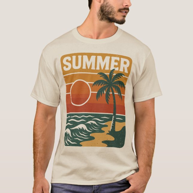 Strandillustration på Retro-sommaren med handflata T Shirt (Framsida)