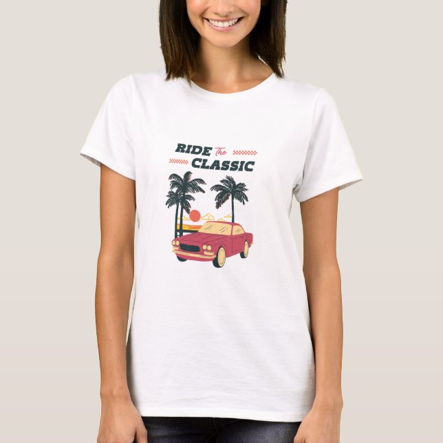 Strandillustration Retro Klassisk Bil T Shirt (Framsida)