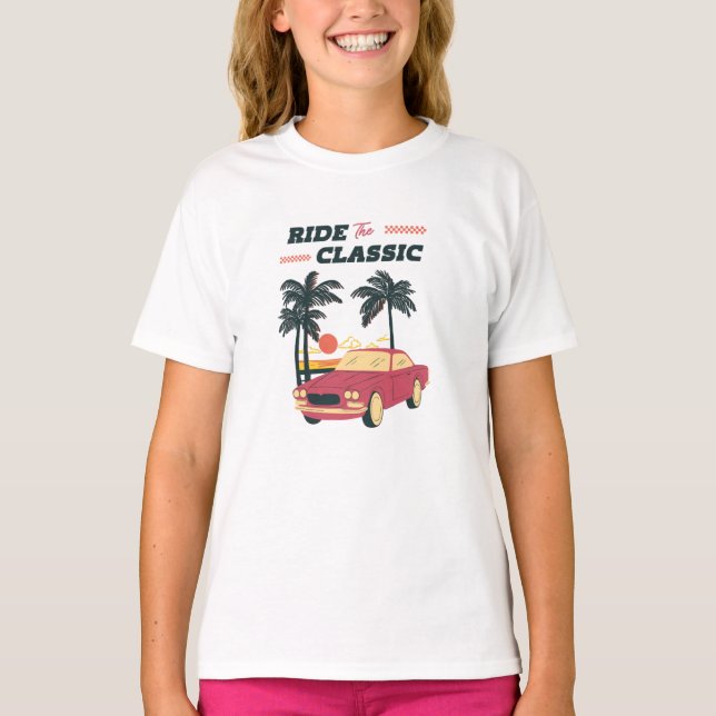 Strandillustration Retro Klassisk Bil T Shirt (Framsida)