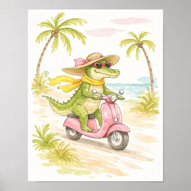 Strandkrokodil Vattenfärgskonsttryck Poster (Framsidan)