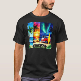 Strandliv Retro Surfbil Solnedgång Tropisk Atmosfä T Shirt