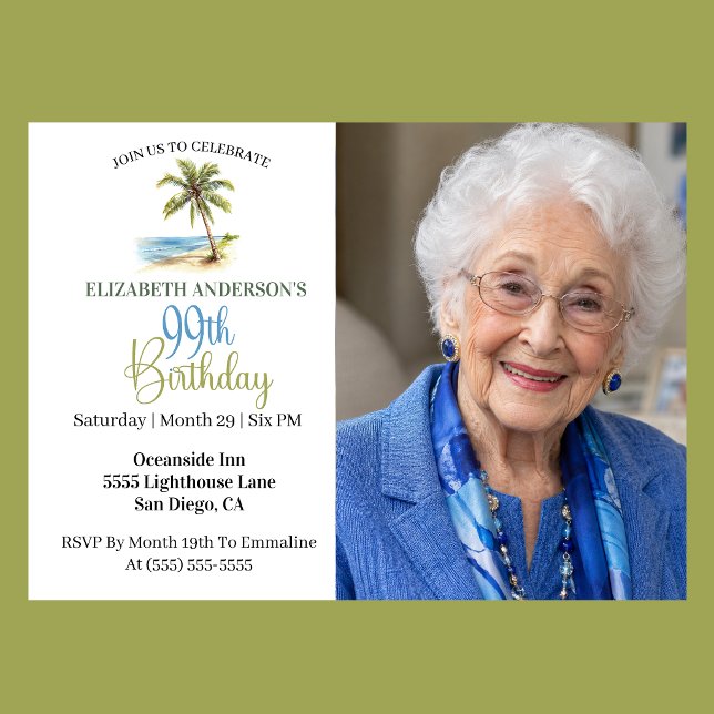 Strandpalmen 99-årsfödelsedagsfoto inbjudningar (Elegant coastal 99th birthday photo invitation with tropical palm tree beach design and ocean theme )