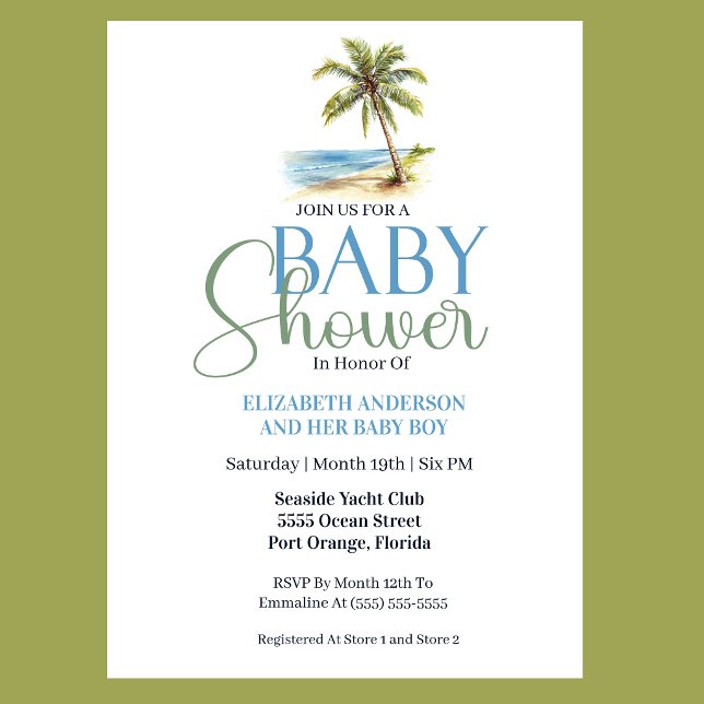 Strandpalms Träd Pojke Babyfirande Inbjudningar (Tropical beach baby shower invitation with watercolor palm tree coastal blue and sage green design f)