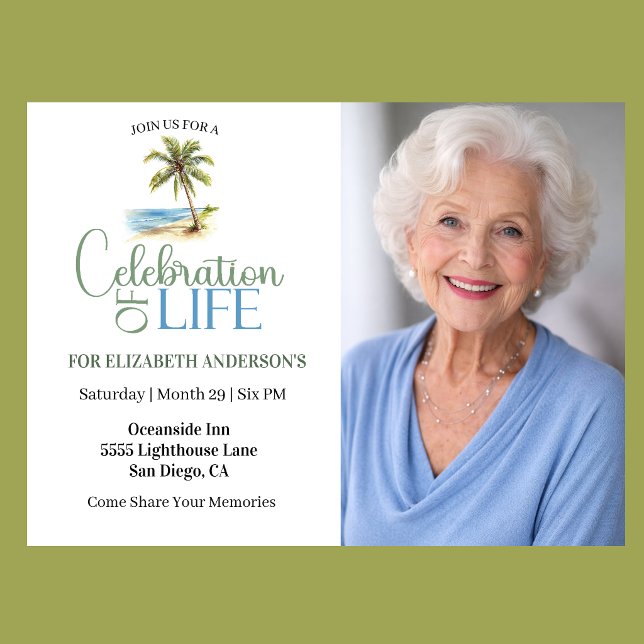 Strandpalmsfirande Av Livet Inbjudningar (Tropical beach celebration of life invitation with palm tree watercolor design and elegant photo)