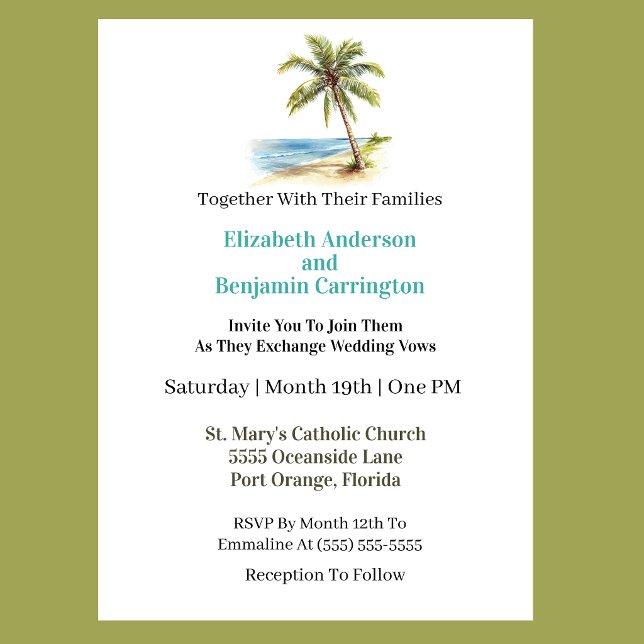 Strandpalmträd Bröllop Inbjudningar (Tropical beach wedding invitation featuring a watercolor palm tree, ocean shoreline, elegant teal ty)