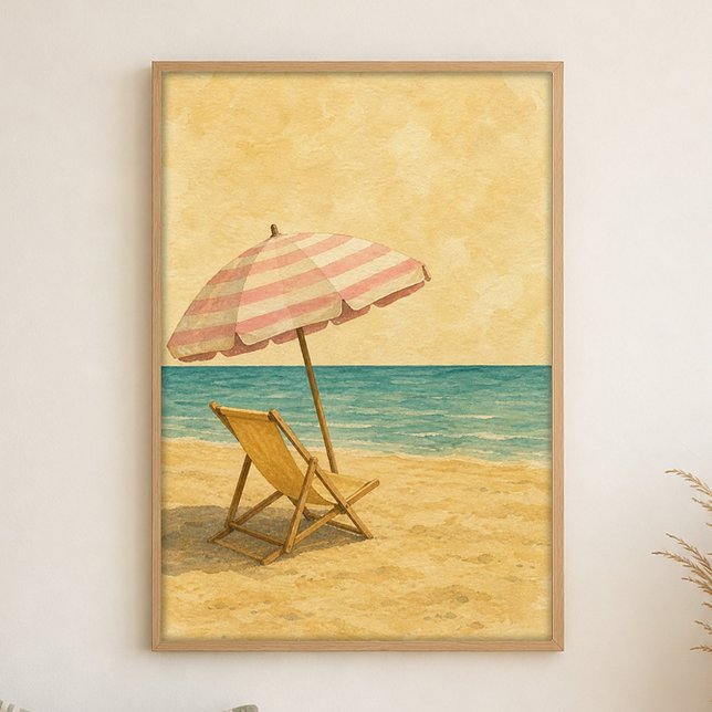 Strandparasoll och stol Vattenfärgposter Poster (Shown framed for scale. Poster ships unframed; frames are an optional add-on.)
