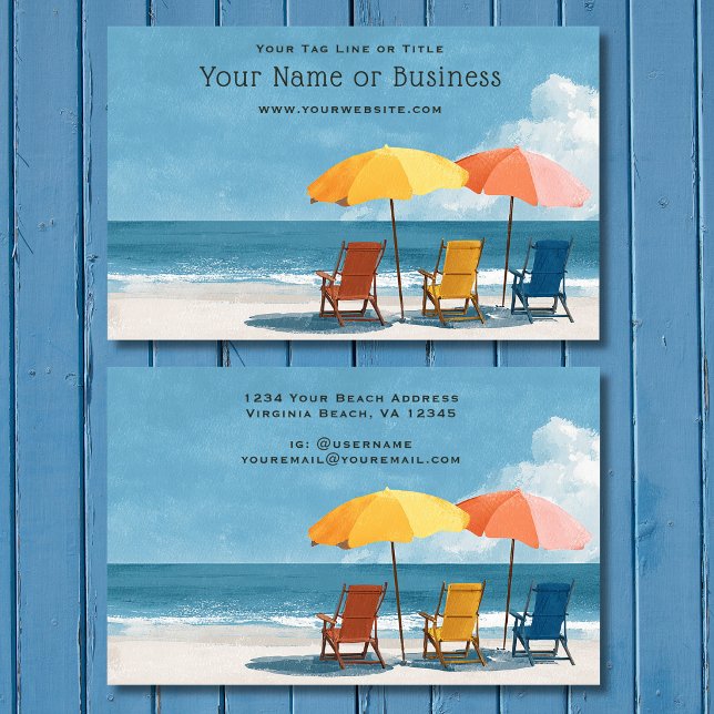 Strandparasoller och stolar vid havet visitkort (Oceanfront Coastal Beach Umbrellas and Chairs Business Card)