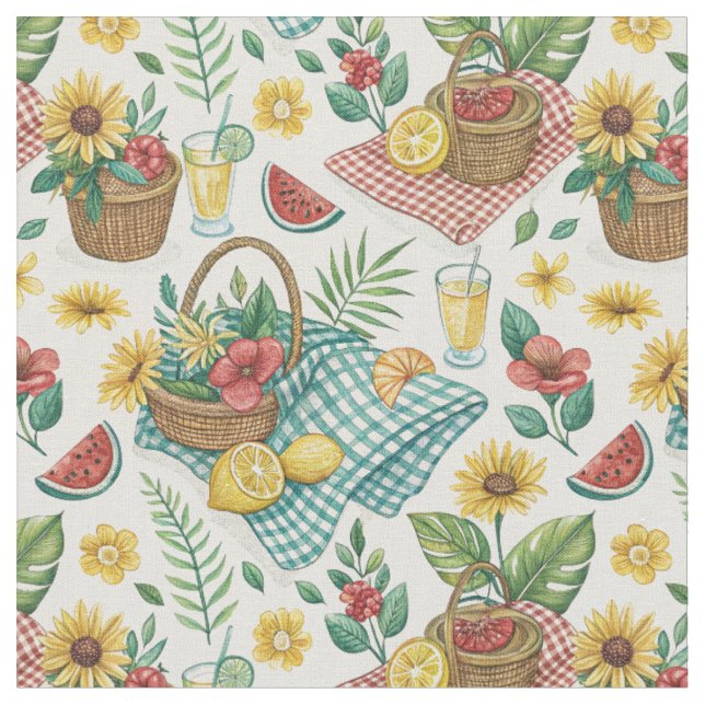 Strandpicknick & sommarfrukter Solrosmönster Tyg (Närbild)