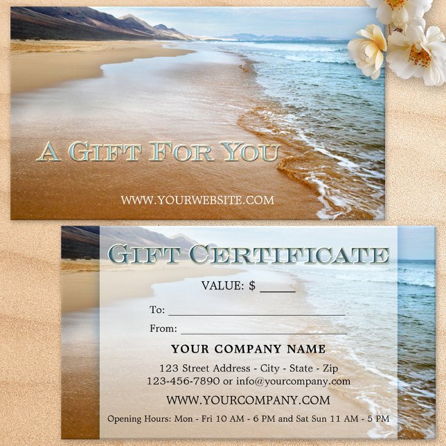 Strandpresentcertifikat Visitkort (Business card size gift certificate featuring an image of the beach)