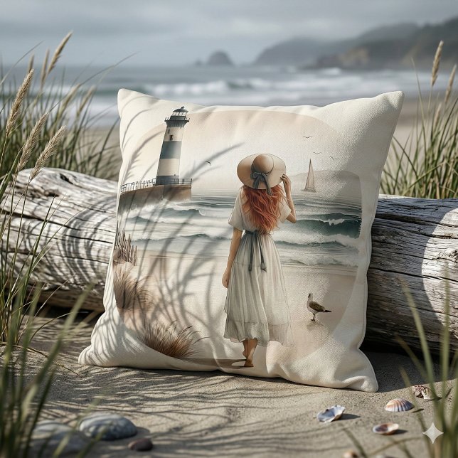 Strandpromenad vid fyr kudde (Seaside Lighthouse Stroll Throw Pillow Mockup B)