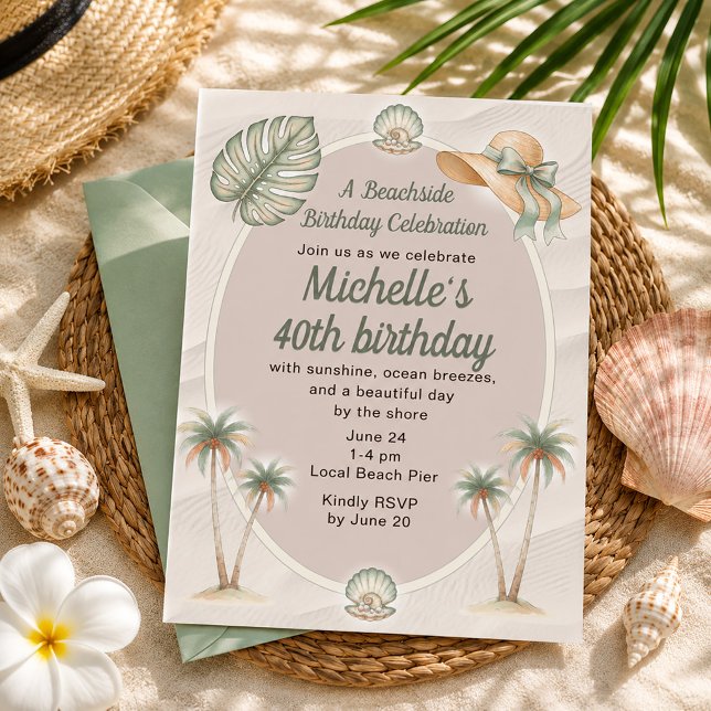 Strandsand Tropiska Palmer 40-årsdag Inbjudningar (Tropical beach 40th birthday party invitation)