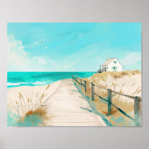 strandscen i stil med vattenfärg och strandhus poster