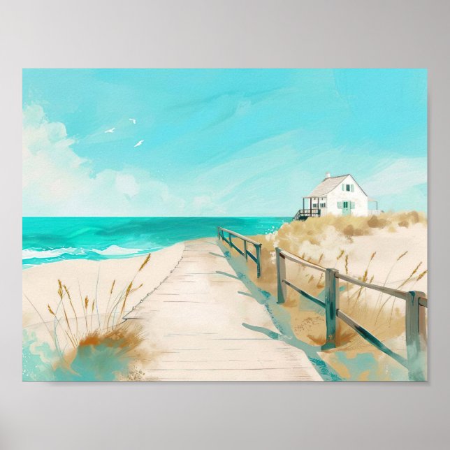 strandscen i stil med vattenfärg och strandhus poster (Framsidan)