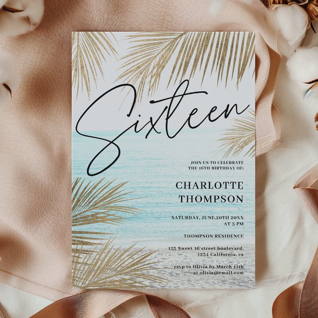 Strandskript i Tropical guld handflatan träd Sweet Inbjudningar (Tropical gold palm tree beach script Sweet 16 Invitation)