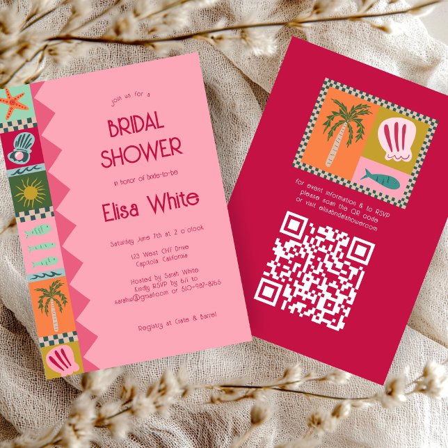 Strandsoaré Bröllopsdusch Modern Snygg ANPASSAD QR Inbjudningar (Seaside Soiree Bridal Shower Modern Cute CUSTOM QR Invitation
)