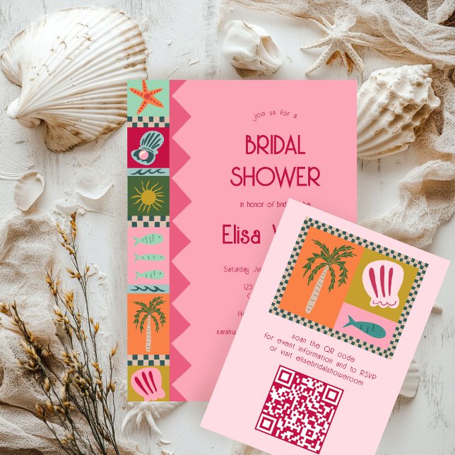 Strandsoaré Bröllopsdusch Modern Söt ANPASSAD QR Tilläggskort (Seaside Soiree Bridal Shower Modern Cute CUSTOM Enclosure Card
)