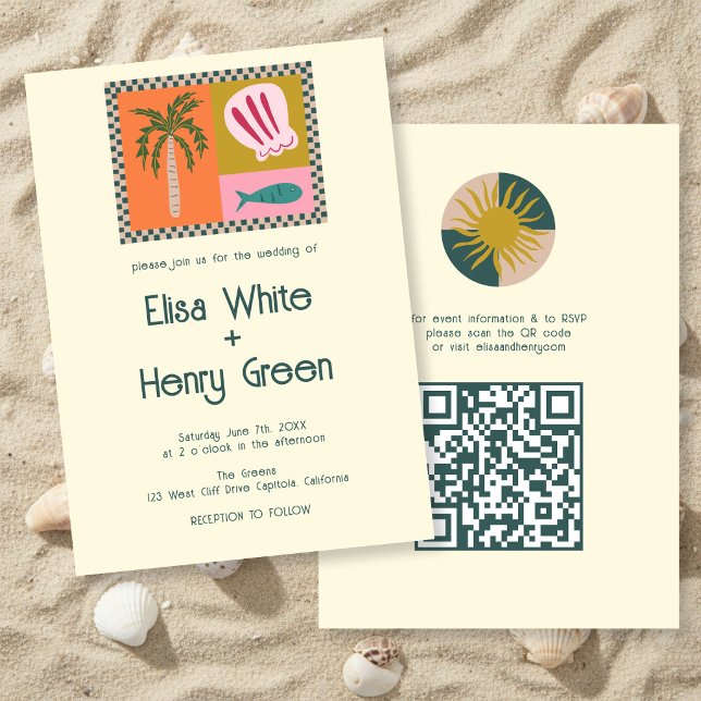Strandsoaré Modern Söt Anpassad QR Inbjudningar (Seaside Soiree Modern Cute CUSTOM QR Wedding Invitation
)