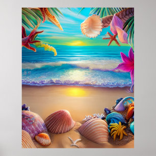 Strandsolnedgång med tropisk blomma poster