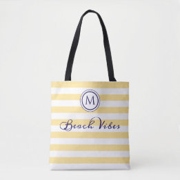 Strandstämning Gul Vit Rand Coastal Monogram Tygkasse