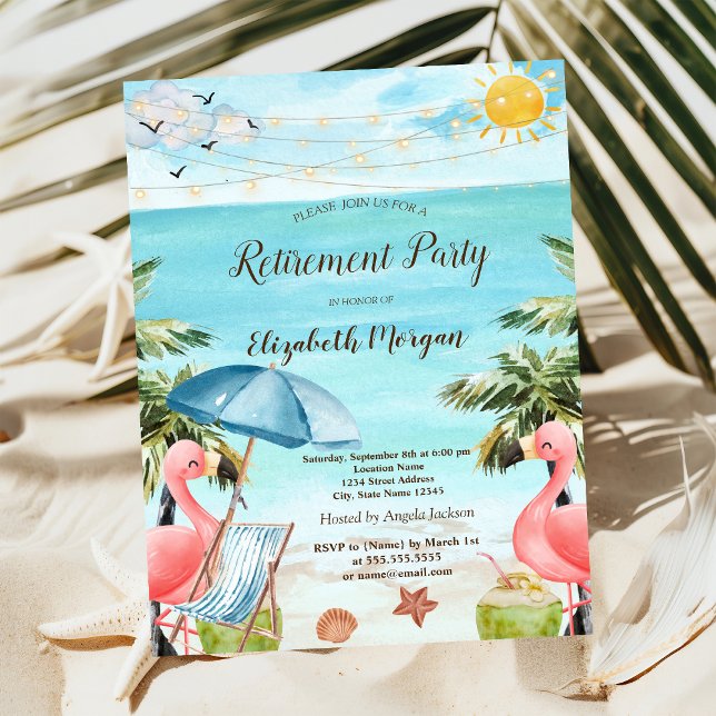 Strandstol,Solparasoll,Palm,Röda flamingos Inbjudningar (Skapare uppladdad)