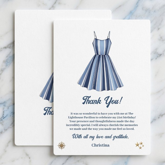 Strandstripornas firande födelsedag tack kort (Coastal chic birthday gratitude cards.)