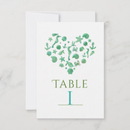 Strandtema Gröna Vattenfärg Bordskort med Nummer