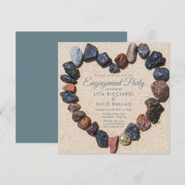 Strandtema Pebble Heart Förlovningsfest Inbjudningar (Fram/baksida)