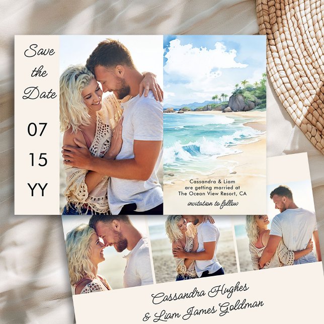 Strandtematisk 4-bilds Bröllop Spara Datumet (Photo Save the Date from the Summer Beach Wedding Collection by Darling & May)