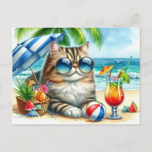 Strandtid katt och cocktails vykort (Framsida)