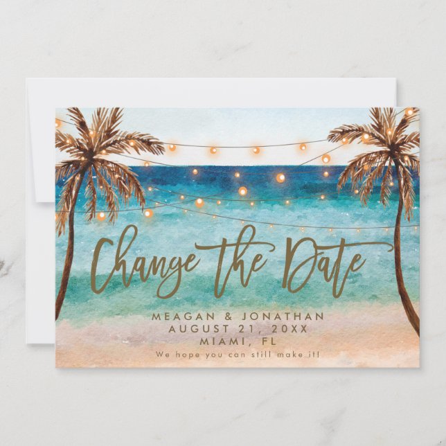 Strandtropiska handflatan träd ändrar datumkortet tack kort (Framsida)