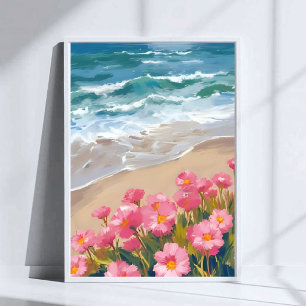 Strandvågor Akvarell Rosa Blommig Strandmålning Poster