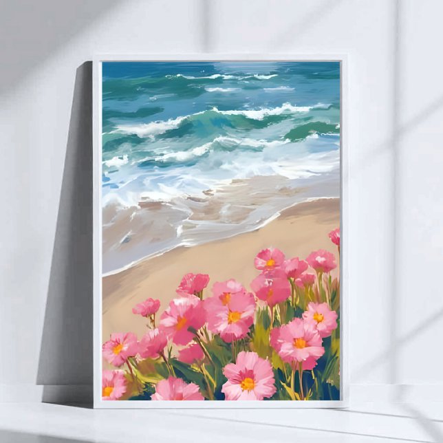 Strandvågor Akvarell Rosa Blommig Strandmålning Poster (Skapare uppladdad)