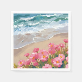 Strandvågor Vattenfärg Rosa Blommig Strand Målar Pappersservett