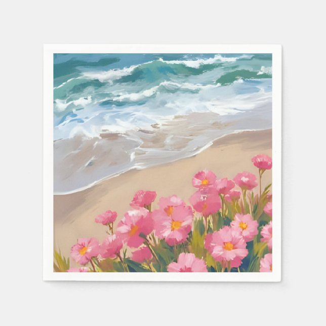 Strandvågor Vattenfärg Rosa Blommig Strand Målar Pappersservett (Framsidan)