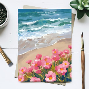 Strandvågor Vattenfärg Rosa Blommig Strand Måleri Vykort