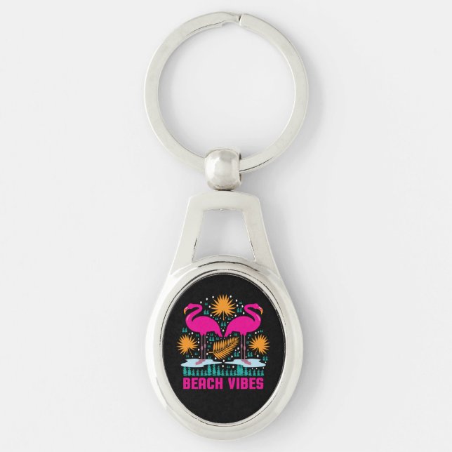 Strandvibbar Rosa Flamingodesign Ovalt Silverfärgad Nyckelring (Framsidan)